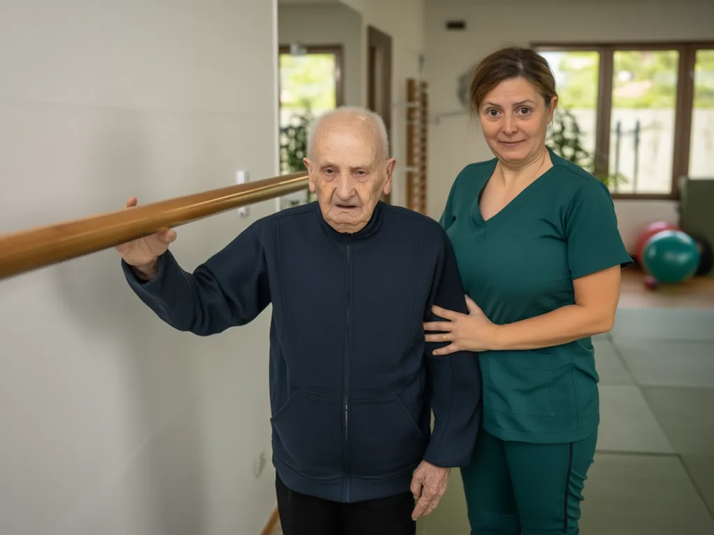Psychomotricienne accompagnant un homme âgé dans un exercice d’équilibre