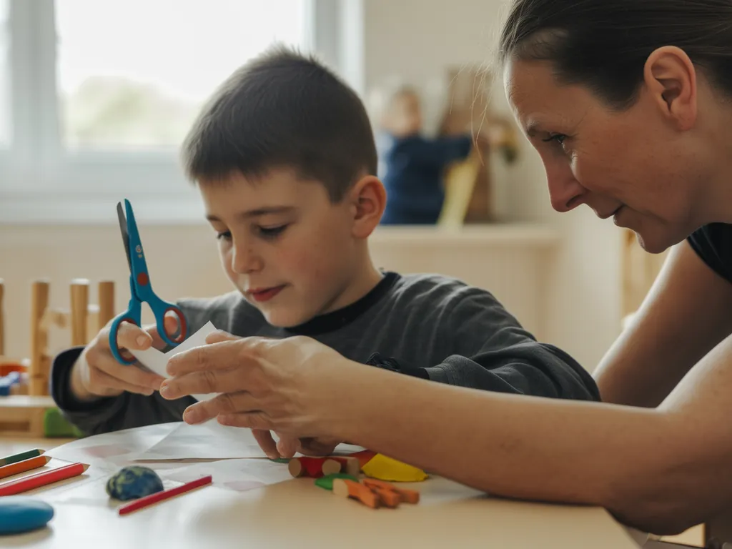 Ergothérapeute guidant la main d’un enfant qui découpe du papier