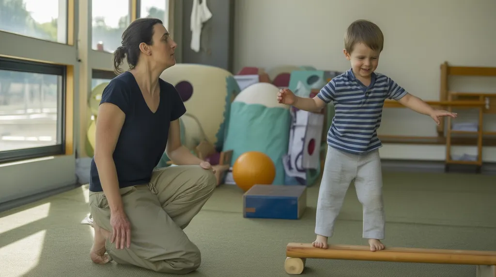 Psychomotricienne accompagnant un enfant sur une poutre d’équilibre