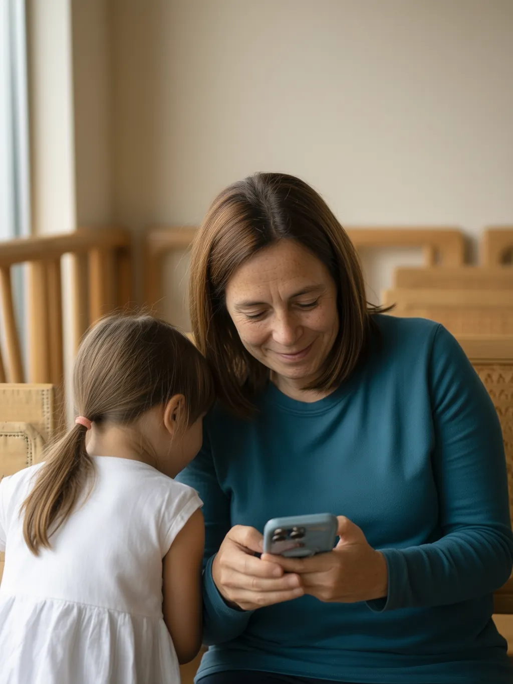 Une mère consulte son téléphone dans une salle d’attente avec sa fille