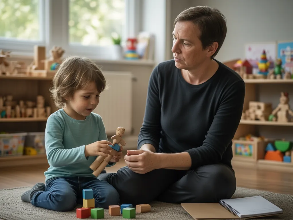 Psychologue jouant au sol avec une petite fille dans son cabinet