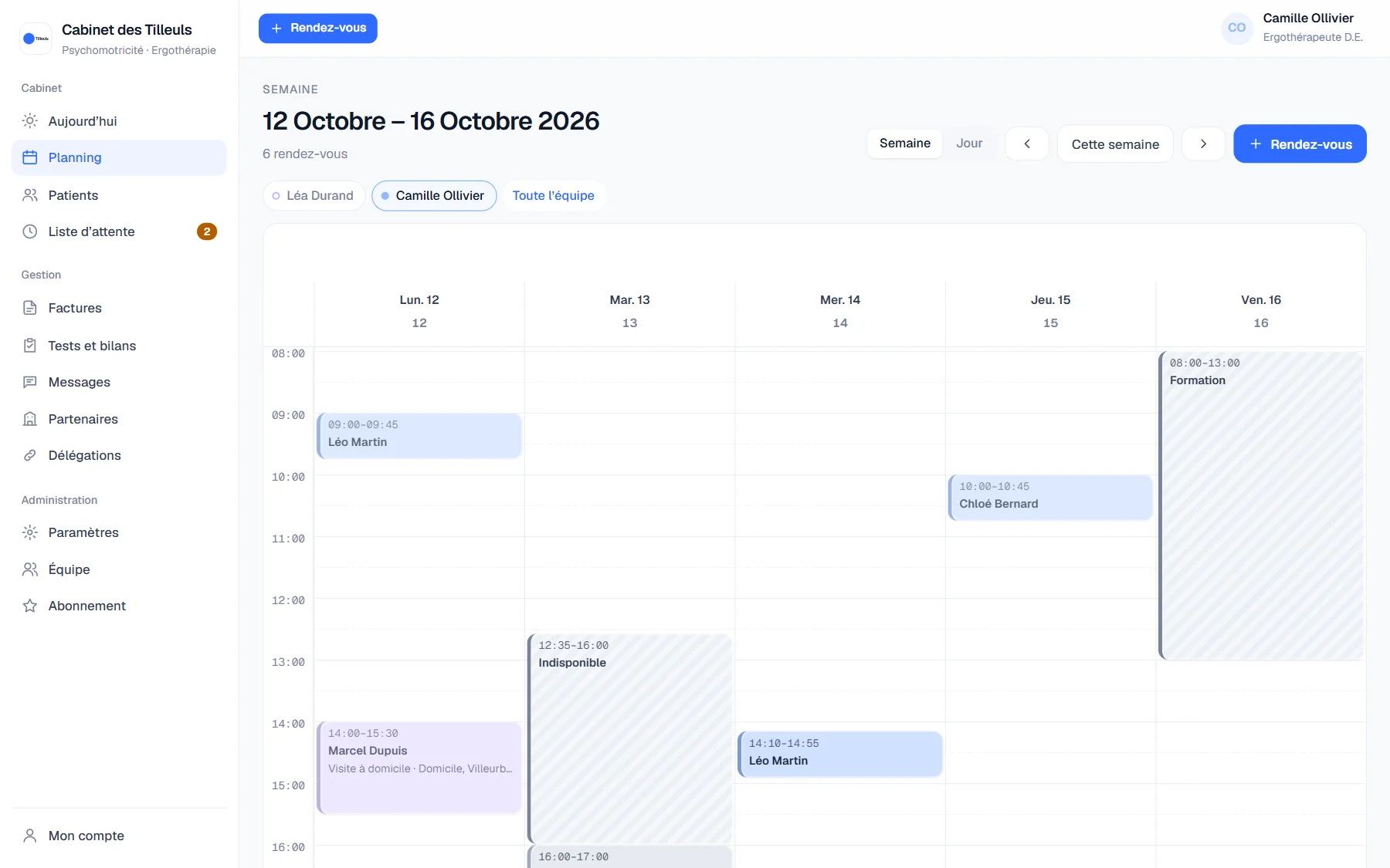 Écran « Planning » de pro-cab.fr